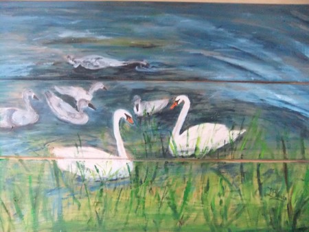 Zwanen, acryl op planken, 2017,Verkocht